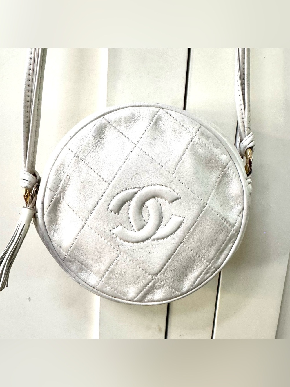 CHANEL Vintage RARE Round CC Tassel Canteen Mini CrossbodyWhite Lambskin